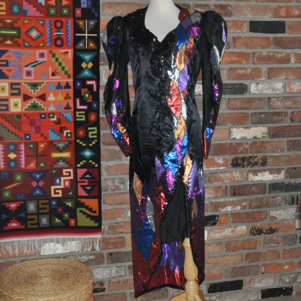 Vintage 80s Avant Garde, Black Gown, Metallic Lame Appliques & Sequin Dress M - Picture 1 of 4